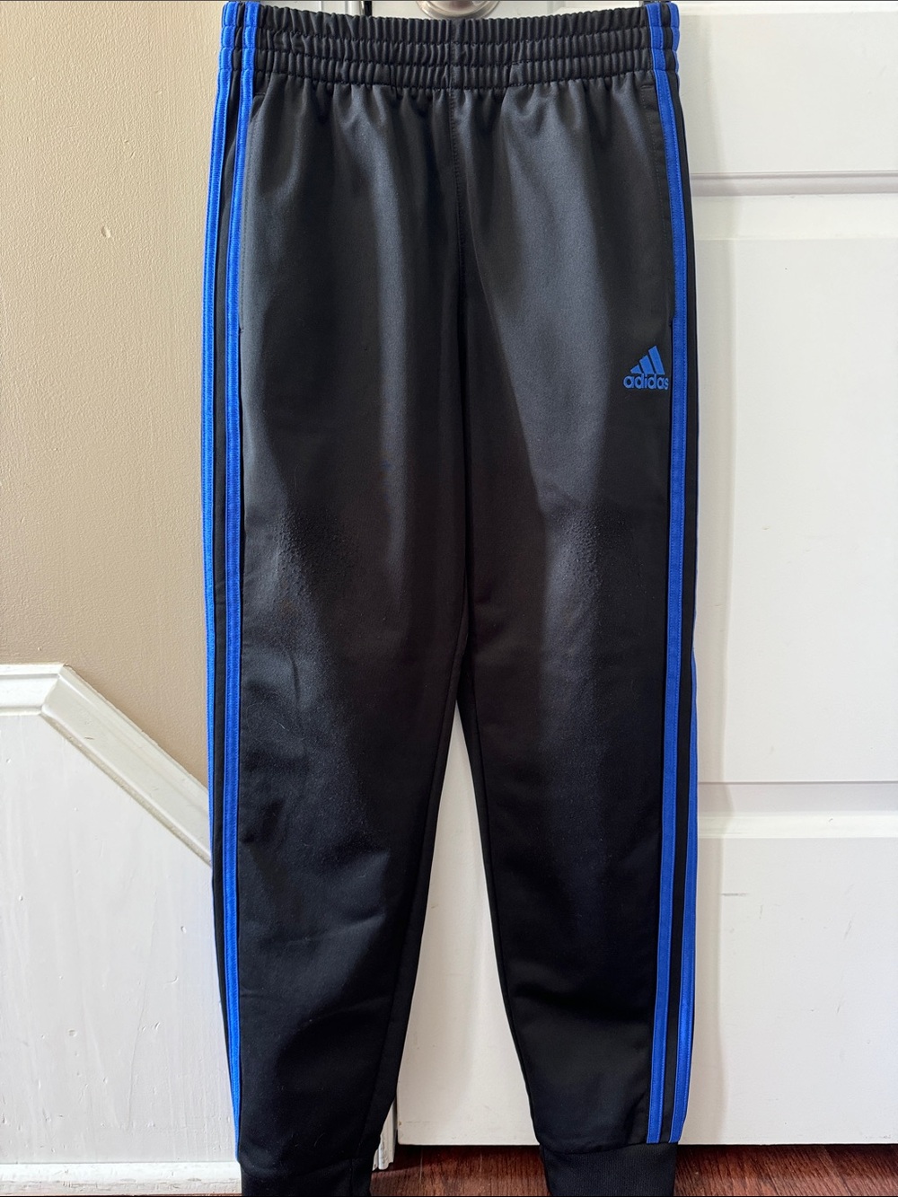 adidas Kids Black Joggers with Blue Side Stripes